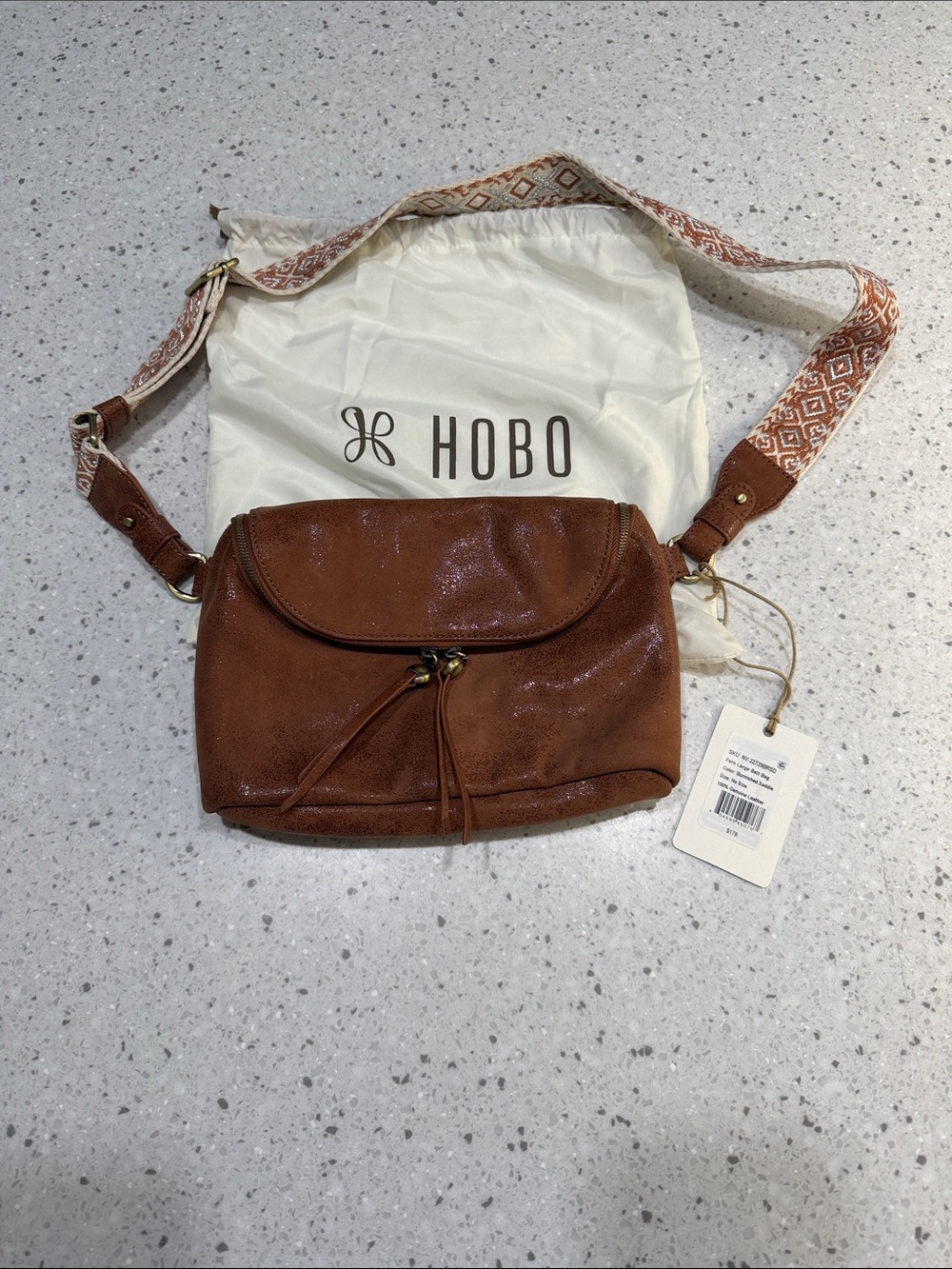 HOBO Brown Pebbled Leather Crossbody with Patterned Adjustable Strap